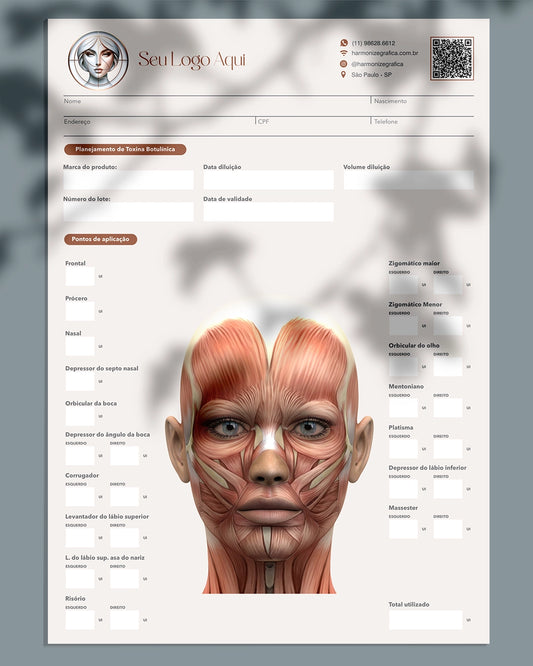 Ficha clínica de aplicação de Toxina Botulínica (Botox)